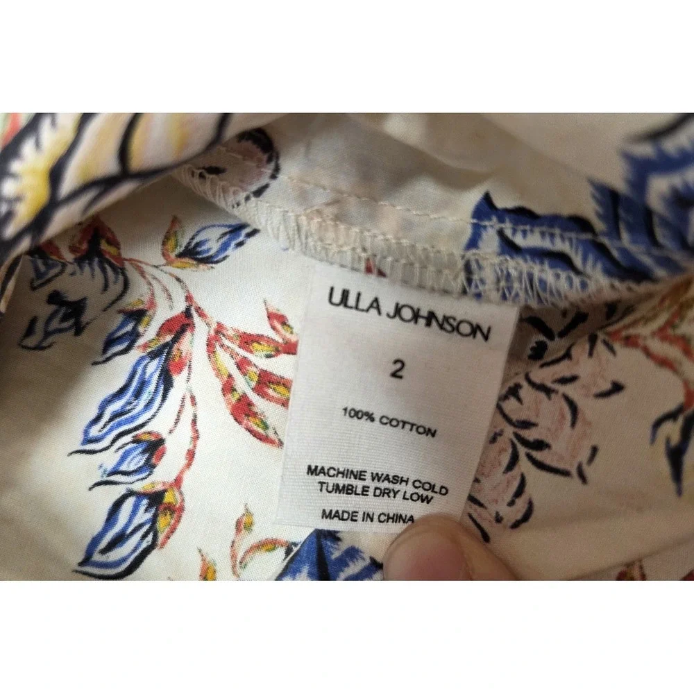 Ulla Johnson Naomi‎ Top Cotton Floral Cream Red Blue Ruched Sleeve Blouse Size 2